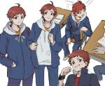  4boys aged_down antenna_hair desk eokiba-um hand_in_pocket hood hoodie idolmaster idolmaster_side-m male_child male_focus multiple_boys open_mouth pants red_eyes red_hair school_desk school_uniform sitting smile smirk tendo_teru watch white_background white_hoodie 