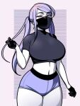  1girl @_@ black_gloves breasts crop_top cross cross_earrings earrings gloves jam-orbital jewelry large_breasts light_purple_hair looking_at_viewer mask midriff mouth_mask original purple_eyes short_shorts short_sleeves shorts solo standing thick_thighs thighs twintails 