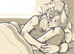  anthro bed canid canine canis cuddling domestic_dog felid fur furniture fuzziness grey_body grey_fur husky itsjim itsjimmm jim_(itsjim) lion male mammal mane nordic_sled_dog pantherine spitz 