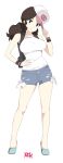  1girl absurdres artist_logo bare_legs baseball_cap black_vest blue_eyes blue_shorts breasts brown_hair closed_mouth cosplay denim denim_shorts full_body hand_on_headwear hand_on_own_hip hat highres hilda_(pokemon) hilda_(pokemon)_(cosplay) large_breasts long_hair looking_at_viewer mature_female pokemon pokemon_(game) pokemon_bw ponytail r3dfive shoes short_shorts shorts simple_background smile solo tank_top thighs tilted_headwear torn_clothes torn_shorts unova_mother_(bw) vest white_background white_tank_top wristband 