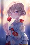  1girl blue_kimono blurry blurry_background blush braid brown_hair candy_apple commentary_request depth_of_field ebihara_beniko floral_print food hair_between_eyes hair_bun hands_up highres holding holding_food japanese_clothes kimono long_sleeves looking_at_viewer obi original parted_lips print_kimono purple_eyes sash solo striped striped_kimono vertical-striped_kimono vertical_stripes wide_sleeves yukata 
