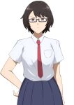  1girl absurdres black_hair breast_pocket breasts closed_mouth commentary_request glasses hall_onon hand_on_own_hip highres looking_at_viewer medium_breasts necktie original pleated_skirt pocket purple_eyes red_necktie school_uniform shirt short_hair short_sleeves skirt solo upper_body white_background 