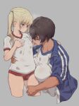  2girls age_difference blonde_hair blue_eyes breast_sucking breast_sucking_through_clothes breasts brown_hair closed_eyes dark-skinned_female dark_skin gym_uniform hands_on_another&#039;s_thighs height_difference highres kei_(m_k) large_breasts long_hair long_sleeves m_k multiple_girls onee-loli original ponytail rika_(m_k) short_hair simple_background size_difference standing sweat tall tall_female tan tomboy wife_and_wife yuri 