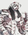  1boy abs after_bathing animal_ears arknights ass bara blue_eyes cup facial_hair from_side furry furry_male goatee highres holding holding_cup large_hands large_pectorals looking_at_viewer male_focus male_pubic_hair mature_male messy_hair mountain_(arknights) mug muscular muscular_male navel navel_hair nipples notice_lines nude pectorals ppyong pubic_hair scar scar_across_eye scar_on_arm short_hair solo stomach thick_eyebrows tiger_boy tiger_ears tiger_stripes towel towel_around_neck wet wet_hair whiskers white_fur white_hair 