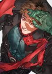  1boy armor bbbb_fex black_coat brown_hair bug coat gloves grasshopper green_armor green_gloves grey_background hand_in_pocket highres ichimonji_hayato kamen_rider kamen_rider_2 kamen_rider_2_(shin) long_coat looking_at_viewer male_focus red_eyes red_scarf scarf shin_kamen_rider simple_background smile solo 