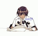 1boy animal_focus arjuna_(fate) bishounen black_mouth bottle brown_hair capelet dark-skinned_male dark_skin drinking elbow_rest fate/grand_order fate_(series) fish gloves hair_between_eyes hand_to_own_face head_rest highres holding holding_bottle indian_clothes kotobuki_mituru looking_at_animal male_focus mouth_hold open_mouth papico_(ice_cream) sacabambaspis simple_background solo triangle_mouth twitter_username upper_body watermark white_background white_capelet white_gloves 