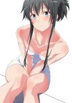  1girl absurdres bare_arms bare_shoulders between_legs black_hair blue_eyes blush breasts breasts_apart closed_mouth collarbone hand_between_legs highres invisible_chair knees knees_together_feet_apart looking_at_viewer naked_towel short_hair_with_long_locks shou937 simple_background sitting small_breasts solo thighs towel white_background yahari_ore_no_seishun_lovecome_wa_machigatteiru. yukinoshita_yukino 