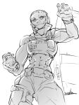  1girl abs bowalia clenched_hand gloves gun handgun looking_down mask muscular muscular_female original riot_shield shield sketch skull_mask solo special_air_service union_jack weapon white_background 