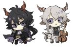  2boys animal_ears arknights ascot black_cape black_footwear black_jacket black_shirt cape cello chibi closed_mouth ebenholz_(arknights) goat_ears goat_horns highres holding holding_wand horns instrument jacket kreide_(arknights) long_hair looking_at_viewer low_ponytail multiple_boys pants purple_eyes shirt shoes simple_background south_ac very_long_hair wand white_ascot white_background white_hair white_pants 