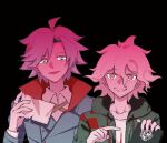  2girls :d ahoge black_background blue_hair collarbone collared_shirt crazy_eyes danganronpa:_trigger_happy_havoc danganronpa_(series) green_jacket grey_hair grin hands_up highres holding holding_paper hood hooded_jacket id_:invaded jacket jewelry komaeda_nagito looking_at_viewer male_focus messy_hair multiple_girls open_clothes open_jacket open_mouth paper print_shirt ring shirt sideways_glance simple_background smile teeth v_(vitb12) watermark white_shirt 