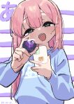  1girl absurdres blue_sweater blush bouen cellphone dated drooling food fruit grapes grey_eyes highres holding holding_food holding_fruit holding_phone incoming_food long_hair looking_at_viewer open_mouth original phone pink_hair smartphone solo sweatdrop sweater upper_body 