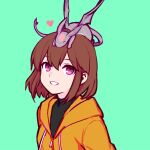  1girl animal_on_head brown_hair creature dragon familiar green_background heart highres hood hoodie kuu_(under_night_in-birth) linne on_head purple_eyes short_hair tb_(spr1110) under_night_in-birth yellow_hoodie 