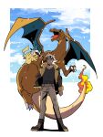  1boy absurdres belt belt_buckle boots border brown_footwear brown_jacket buckle captain_pikachu charizard clothed_pokemon cloud commentary_request flame-tipped_tail friede_(pokemon) fur-trimmed_jacket fur_trim goggles goggles_on_head grin hand_on_own_hip highres jacket jamira24 long_sleeves male_focus open_clothes open_jacket pants pokemon pokemon_(anime) pokemon_(creature) pokemon_horizons shirt sky smile standing teeth white_border white_hair 