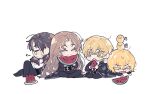  2boys 2girls :3 black_coat black_pants blush brown_hair closed_eyes coat don_quixote_(limbus_company) eating food fruit gregor_(limbus_company) limbus_company lm_(lc_goodgame) long_hair low_ponytail mole mole_under_eye multiple_boys multiple_girls pants parted_bangs project_moon rodion_(limbus_company) short_hair sidelocks simple_background sinclair_(limbus_company) smile sweat very_long_hair watermelon white_background 