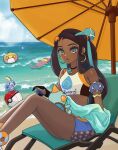  1girl :o absurdres aqua_eyes aqua_hair armlet ball beach beach_umbrella beachball bike_shorts black_hair chewtle cloud commentary_request dark-skinned_female dark_skin day earclip earrings gloves hair_bun highres hoop_earrings jewelry legs long_hair multicolored_hair necklace nessa_(pokemon) open_mouth outdoors partially_fingerless_gloves poke_ball_print pokemon pokemon_(game) pokemon_swsh pokko_(mochimochi_poyo) psyduck sand shore single_hair_bun sitting sky slowpoke sobble towel two-tone_hair umbrella 