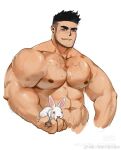  1boy abs animal arm_hair artist_request bara chinese_zodiac cropped_torso highres holding holding_animal large_pectorals long_sideburns male_focus mature_male muscular muscular_male navel navel_hair nipples nude original pectorals pointy_ears rabbit short_hair sideburns solo sparse_chest_hair sparse_stubble stomach strongman_waist thick_eyebrows undercut v-shaped_eyebrows year_of_the_rabbit 