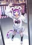  1girl akaren animal_hood asymmetrical_arms bandaid bandaid_on_leg bear_hood blue_eyes boots chain_necklace claws dragon_tail fangs heterochromia highres hood hood_up hoodie jewelry necklace nijisanji nijisanji_en open_mouth pink_eyes purple-hair selen_tatsuki selen_tatsuki_(3rd_costume) short_hair smile solo tail white_hoodie 