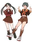  2girls black_footwear black_hair black_neckerchief black_socks boots brown_sailor_collar brown_serafuku brown_shirt brown_skirt brown_socks cross-laced_footwear double_v full_body green_eyes grey_eyes kantai_collection lace-up_boots long_hair mikuma_(kancolle) mogami_(kancolle) mogami_kai_ni_(kancolle) multiple_girls neckerchief orange_neckerchief orange_sailor_collar pleated_skirt sailor_collar sailor_shirt school_uniform serafuku shirt simple_background skirt socks twintails udukikosuke v white_background 