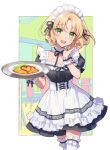  1girl :d absurdres apron black_dress black_ribbon blonde_hair blush breasts chair cleavage curly_hair dress frilled_apron frills green_eyes heart highres holding holding_plate hououji_fuu looking_at_viewer magic_knight_rayearth maid maid_headdress masami_(souzou_jinsei_sanka) medium_breasts neck_ribbon open_mouth outside_border parted_bangs plate puffy_short_sleeves puffy_sleeves ribbon short_hair short_sleeves smile solo thighhighs white_apron white_thighhighs wrist_cuffs zettai_ryouiki 