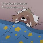  2023 ailurid anthro bedding bedding_background blanket claws cute_expression english_text eyebrows eyes_closed fur grey_background hi_res humor lying male mammal meme minedoo minedoo_(character) no_nut_november on_back reaction_image red_panda shut_up simple_background sleeping smile solo text tuft under_covers url 