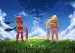  2girls absurdres aegis_sword_(xenoblade) backless_dress backless_outfit blonde_hair blue_sky bob_cut breasts delicious_brain dress fingerless_gloves from_behind gloves grass highres large_breasts long_hair multiple_girls mythra_(xenoblade) planted planted_sword pyra_(xenoblade) red_hair red_shorts red_thighhighs shorts signature sky sword thigh_strap thighhighs weapon white_gloves wind xenoblade_chronicles_(series) xenoblade_chronicles_2 