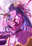  1girl belt black_belt blurry cowboy_shot depth_of_field dress frilled_dress frilled_gloves frills gloves hair_between_eyes hair_ornament hair_ribbon highres holding holding_microphone hoshino_ai_(oshi_no_ko) idol idol_clothes itsuki_(87835821) long_hair looking_at_viewer microphone one_side_up open_mouth oshi_no_ko pink_dress pink_gloves pink_ribbon pointing pointing_at_viewer purple_eyes purple_hair rabbit_hair_ornament ribbon screen_zoom sidelocks sleeveless sleeveless_dress solo star-shaped_pupils star_(symbol) star_hair_ornament symbol-shaped_pupils teeth turtleneck_dress 