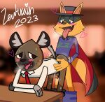 &lt;3 2023 aggretsuko anal anal_penetration anthro blurred_background blush bodily_fluids breath butt canid canine cape clothing crossover duo fox furniture haida_(aggretsuko) hat headgear headwear hi_res holding_butt humping hyena kaiketsu_zorori lewtrain looking_back male male/male mammal mask musk necktie penetration sanrio sex shaded simple_shading spotted_hyena sweat table tail thick_outline zorori 