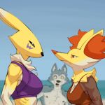  1:1 anthro artist_name bandai_namco beach beastars black_nose black_sclera blue_body blue_eyes blue_fur blurred_character body_hair bra breasts canid canine canis cheek_tuft chest_hair chest_tuft clear_sky cleavage clothed clothing collarbone delphox digimon digimon_(species) dudles eye_contact facial_markings facial_tuft female fox frown fur game_freak generation_6_pokemon glaring glaring_at_another group head_markings inner_ear_fluff legoshi_(beastars) long_ears looking_at_another male mammal markings multicolored_body multicolored_fur muscular muscular_anthro muscular_female nintendo nipples no_eyebrows open_mouth orange_eyes orange_nose pointed_nose pokemon pokemon_(species) purple_bra purple_clothing purple_sports_bra purple_underwear red_clothing red_swimwear renamon seaside shocked_expression sky sports_bra swimwear trio tuft underwear water white_body white_fur wolf yellow_body yellow_fur 