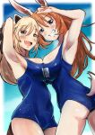  absurdres animal_ears armpits ass blonde_hair breast_press breasts charlotte_e._yeager hair_ribbon highres katharine_ohare large_breasts long_hair one-piece_swimsuit orange_hair rabbit_ears rabbit_tail raccoon_ears ribbon strike_witches strike_witches:_aurora_no_majo strike_witches:_suomus_misfits_squadron swimsuit symmetrical_docking tail tama_kitsune wet world_witches_series 
