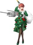  1girl braid breasts christmas christmas_tree_costume christmas_tree_hat dress full_body green_dress hoshiakari_(c2_kikan) kantai_collection large_breasts long_hair looking_at_viewer nevada_(kancolle) official_art pantyhose red_eyes red_hair sack solo transparent_background turret 