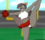  absurd_res anthro bone_frill bottomwear breasts butt butt_from_the_front camel_toe cheerleader cheerleader_outfit cheerleading_pose clothing colored crop_top crossgender eyelashes fdaapprovedbeef feathers female frill_(anatomy) goodbye_volcano_high grey_body grey_feathers grey_hair hair hi_res midriff mtf_crossgender naser_(gvh) navel open_mouth panties pom_poms pterodactylus pterosaur raised_leg reptile scalie shirt simple_background skirt snoot_game snout solo spread_arms tank_top tongue topwear underwear upskirt wide_hips yellow_eyes 