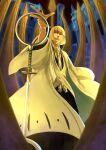  1boy arm_up bankai black_kimono bleach bleach:_the_thousand-year_blood_war blonde_hair blunt_bangs blurry bob_cut commentary_request depth_of_field eyebrows_hidden_by_hair feet_out_of_frame foreshortening haori highres hirako_shinji holding holding_sword holding_weapon japanese_clothes katana kimono long_sleeves looking_at_viewer mitarashi_(5333069) neckerchief open_mouth outdoors sakanade_(shikai) short_hair smile solo standing sword teeth v-shaped_eyebrows weapon white_neckerchief wide_sleeves 