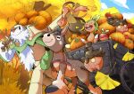  applin blue_sky carriage chesnaught chespin closed_mouth cloud ginkgo gourgeist highres looking_at_another mudbray open_mouth outdoors pokemon pokemon_(creature) pumpkaboo pumpkin q-chan rope sky sleeping smile tree 