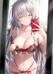  1girl absurdres blush bra breasts cellphone cleavage closed_mouth collarbone dark_persona fate/grand_order fate_(series) female_pov floral_print grey_bra grey_hair grey_panties highres jeanne_d&#039;arc_alter_(avenger)_(fate) jeanne_d&#039;arc_alter_(fate) large_breasts long_hair looking_at_viewer mirror multi-strapped_panties navel non-web_source panties phone pov reflection rin_yuu selfie solo strap_slip underwear very_long_hair yellow_eyes 