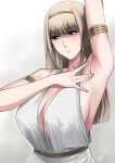 1girl arm_up armpits blonde_hair breasts cleavage hairband highres long_hair looking_to_the_side shaded_face shingeki_no_kyojin sideboob spread_armpit sweatdrop xter ymir_fritz 