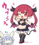  2girls animal_ears arm_behind_head black_gloves black_thighhighs blue_hair breasts chibi cleavage cleavage_cutout clothing_cutout commentary_request demon_girl demon_tail demon_wings elbow_gloves frilled_skirt frills gloves hand_on_own_hip head_wings heart heart_tattoo hololive houshou_marine matarou_(matarou072) medium_breasts multiple_girls navel pubic_tattoo rabbit_ears rabbit_girl red_eyes red_hair skirt tail tattoo thighhighs translation_request twintails usada_pekora virtual_youtuber white_hood wings 