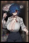  1girl black_choker black_eyes black_pants blood blood_on_breasts blood_on_clothes blood_on_face blood_on_knife blue_hair blue_nails blurry blurry_background breasts choker cleavage collarbone collared_shirt commentary depth_of_field dif_(difman) difman dress_shirt english_commentary hair_over_one_eye halloween heart highres holding holding_knife knife large_breasts multicolored_hair nail_polish open_clothes open_shirt original pants shirt solo streaked_hair trick_or_treat white_shirt 
