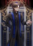  1boy absurdres arm_behind_back artist_name black_eyes black_robe brown_hair cassock clerical_collar cross cross_necklace fate/grand_order fate_(series) full_body hair_between_eyes highres ichimichi_111 indoors jewelry kotomine_kirei long_sleeves looking_at_viewer male_focus necklace priest rasputin_(fate) robe short_hair solo 