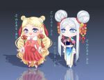  2girls :d absurdres artist_name blonde_hair blue_background blue_dress blue_eyes blue_footwear braid braided_bangs bright_pupils chibi china_dress chinese_clothes chinese_knot curly_hair doll_joints double_bun dress firecrackers full_body fur-trimmed_jacket fur_trim grey_hair hair_bun han_bingjing highres hua_ling_(ye_luoli) jacket joints kumu_zaisheng long_dress long_hair long_skirt multiple_girls red_footwear red_jacket red_skirt reflective_floor skirt smile standing thighhighs very_long_hair white_pupils white_thighhighs ye_luoli 