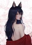  1girl ahri_(league_of_legends) animal_ears artelsia bare_shoulders black_hair facial_mark fox_ears from_behind hair_between_eyes highres league_of_legends long_hair long_sleeves orange_eyes parted_lips red_lips solo teeth upper_body whisker_markings white_background 