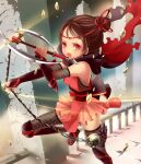  1girl artist_request bare_shoulders brown_hair cape debris eyelashes fighting_stance fishnet_thighhighs fishnets foot_out_of_frame gauntlets hair_bun holding holding_weapon hood japanese_clothes jpeg_artifacts kunoichi_trainee ninja official_art railing red_eyes sandals shingeki_no_bahamut short_hair solo teeth thighhighs torn_cape torn_clothes upper_teeth_only weapon weapon_request 