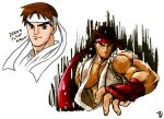  1boy brown_eyes brown_hair commentary_request dougi fingerless_gloves frown gloves headband large_pectorals male_focus mugicha_(zoro1132) muscular muscular_male pectorals ryu_(street_fighter) serious signature smile street_fighter street_fighter_zero_(series) torn_clothes translation_request v-shaped_eyebrows white_headband 