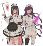  2girls :o alternate_costume apron artist_name bandaged_arm bandaged_leg bandages bandaid bandaid_on_arm bandaid_on_cheek bandaid_on_face black_apron black_hair black_nails black_thighhighs blood blood_bag blush breasts buttons colored_inner_hair cowboy_shot criis-chan cropped_legs danganronpa_(series) danganronpa_2:_goodbye_despair dress frilled_dress frills garter_straps grey_dress holding holding_scissors holding_syringe juliet_sleeves long_hair long_sleeves medium_breasts mole mole_under_eye multicolored_hair multiple_girls nail_polish nurse official_alternate_costume open_mouth oversized_object panty_&amp;_stocking_with_garterbelt puffy_sleeves purple_hair red_hair scissors shirt short_sleeves single_thighhigh stocking_(psg) syringe thighhighs tsumiki_mikan two-tone_hair waist_apron white_thighhighs zettai_ryouiki 