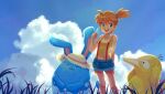 1girl :d azumarill bare_arms blue_shorts clothed_pokemon cloud commentary_request day food green_eyes highres holding misty_(pokemon) navel one_side_up open_mouth orange_hair outdoors pokemon pokemon_(anime) pokemon_(classic_anime) pokemon_(creature) popsicle psyduck s_(happycolor_329) shirt short_hair short_shorts shorts sky sleeveless sleeveless_shirt smile standing suspenders teeth tongue upper_teeth_only yellow_shirt 