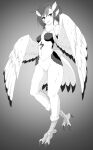  1girl bird_legs bird_tail breasts character_request commentary_request copyright_request facial_mark feathered_wings greyscale hair_between_eyes harpy highres lee_xianshang looking_at_viewer medium_hair midriff monochrome monster_girl monsterification navel neck_fur parted_lips small_breasts solo tail tail_feathers talons winged_arms wings 