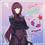  1girl ? armor arrow_(symbol) artist_name black_gloves bodysuit breasts closed_mouth commentary crossed_arms english_commentary fate/grand_order fate_(series) gloves hair_between_eyes highres instagram_logo like_and_retweet long_hair looking_at_viewer medium_breasts naomi_gumbs_(hanamimi) pauldrons purple_bodysuit purple_hair red_eyes scathach_(fate) shoulder_armor solo twitch_logo twitter_logo very_long_hair 