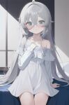  1girl :o absurdres ahoge anparu arm_support bare_shoulders bed blush collarbone commentary cowboy_shot crossed_bangs dress grey_eyes grey_hair hair_between_eyes hand_on_own_chest hand_up highres indoors long_hair long_sleeves looking_at_viewer off-shoulder_dress off_shoulder on_bed open_mouth original pillow short_dress sitting solo strap_slip sweatdrop very_long_hair white_dress 