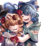  2girls blue_hair bracelet closed_eyes drill_hair earrings hat headpat highres hood hoodie hug jewelry long_hair multiple_girls open_mouth orange_hair ribbon siblings sisters smile suna_sen sweatdrop talisman teeth top_hat touhou white_background yellow_eyes yorigami_jo&#039;on yorigami_shion 