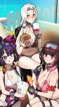  3girls :d :q bikini black_gloves blush breasts burger carmilla_(fate) carmilla_(swimsuit_rider)_(fate) commentary crossed_legs cup drinking drinking_straw english_commentary fate/grand_order fate_(series) food french_fries gloves goggles goggles_on_head hair_ornament highres katsushika_hokusai_(fate) katsushika_hokusai_(swimsuit_saber)_(fate) long_hair looking_at_viewer mcdonald&#039;s mole mole_on_breast monkey_jon multiple_girls navel osakabehime_(fate) osakabehime_(swimsuit_archer)_(fate) purple_hair red_eyes sitting smile swim_goggles swimsuit thigh_strap tongue tongue_out twintails very_long_hair white_bikini white_hair yellow_eyes 