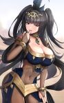  1girl :p black_hair black_nails blunt_bangs breasts bridal_gauntlets cleavage feather_hair_ornament feathers fingernails fire_emblem fire_emblem_awakening gonzarez hair_ornament highres large_breasts long_hair looking_at_viewer nail_polish purple_eyes solo tharja_(fire_emblem) tongue tongue_out 